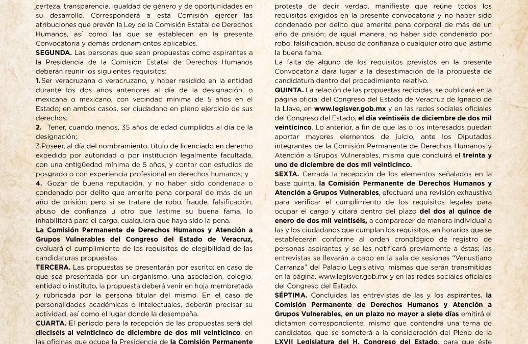 Emite Comisión la convocatoria para designar titular de la CEDH